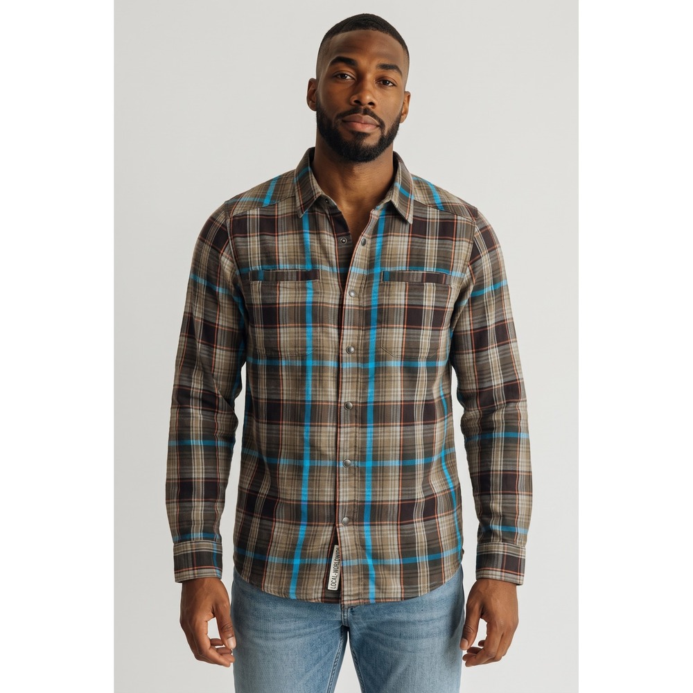 KAVU Etch Art Mens Plaid Flannel Shirt Brown Blue Orange Snap Pocket Size Medium
